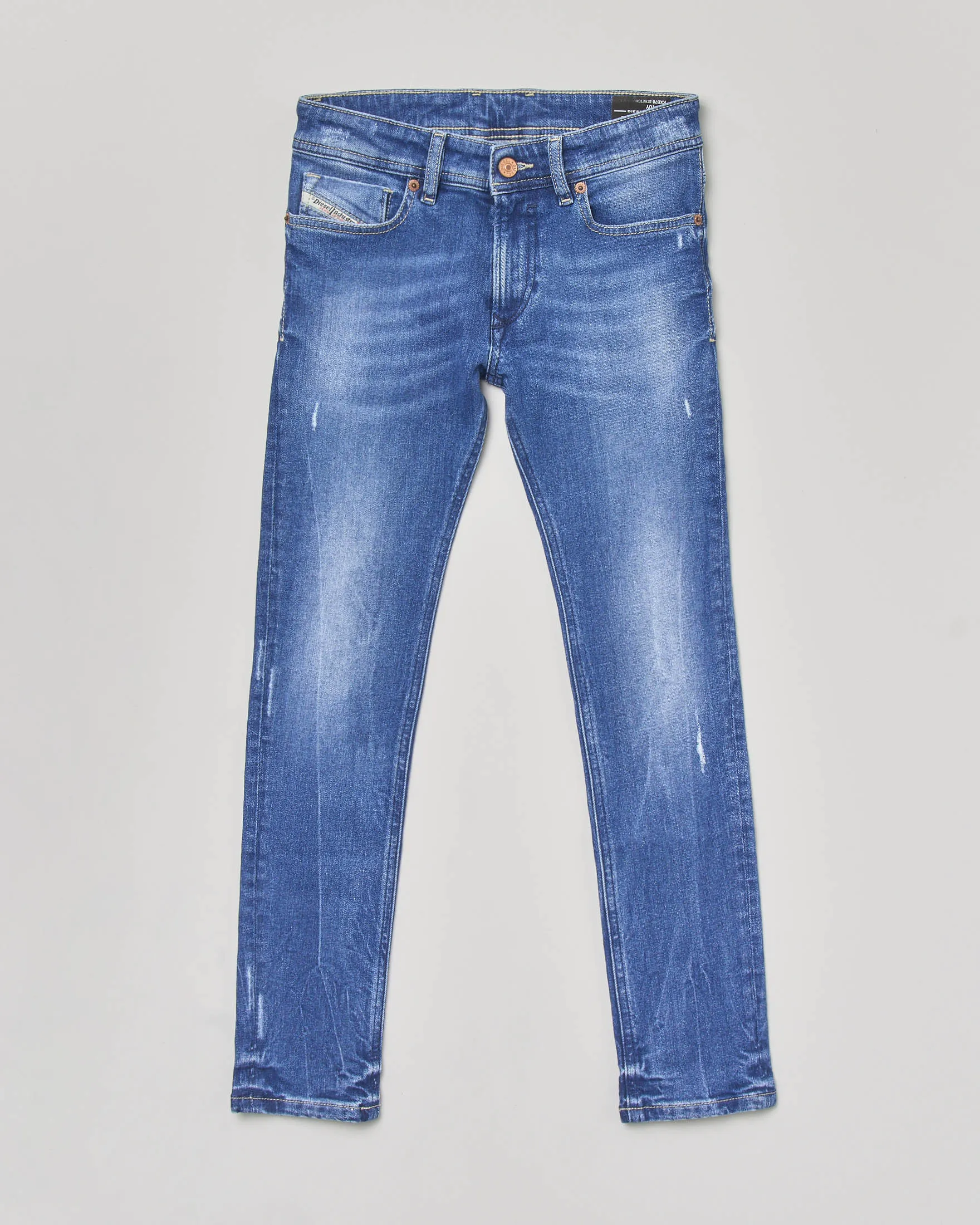Skinny Stretch Cotton Jeans with Light Stone Wash and Abrasions 10-14 Years