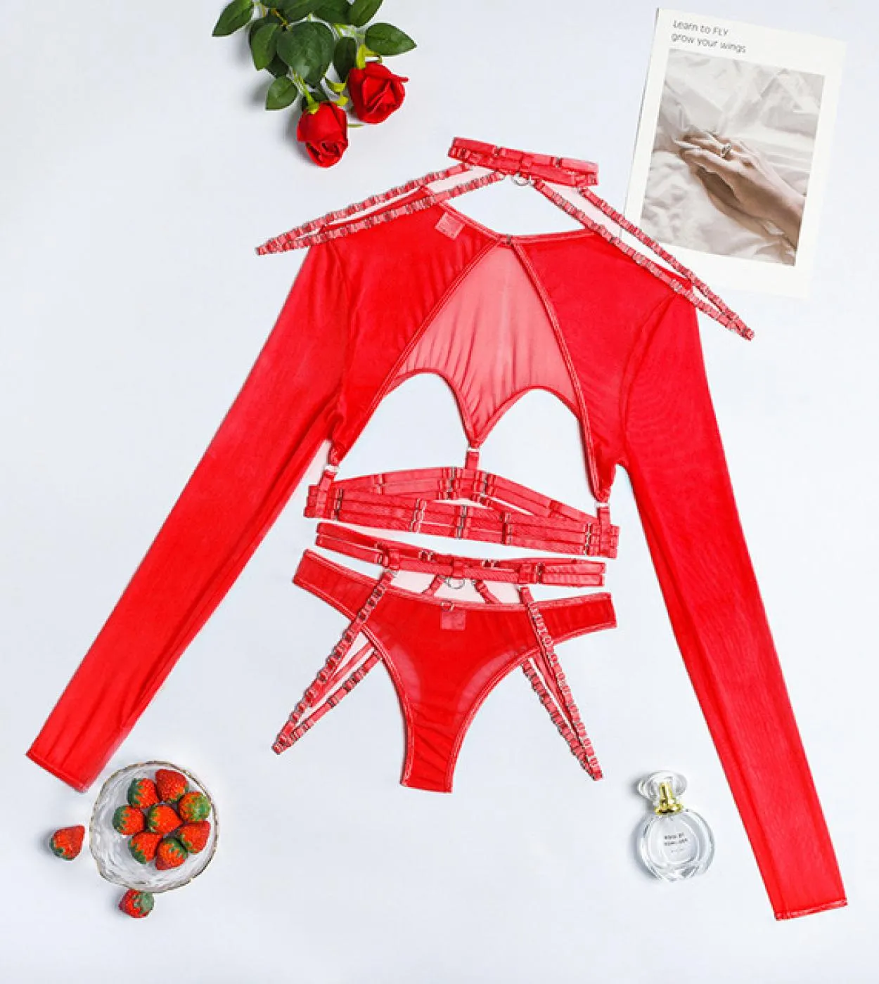 Yimunancy 4 pezzi Set di biancheria gotica da donna Fantasia nera senza schienale Fasciatura a rete con fasciatura Set esotici R